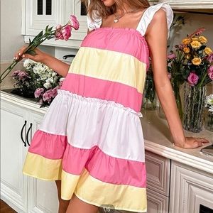 Pink/yellow/white color block ruffle trim dress